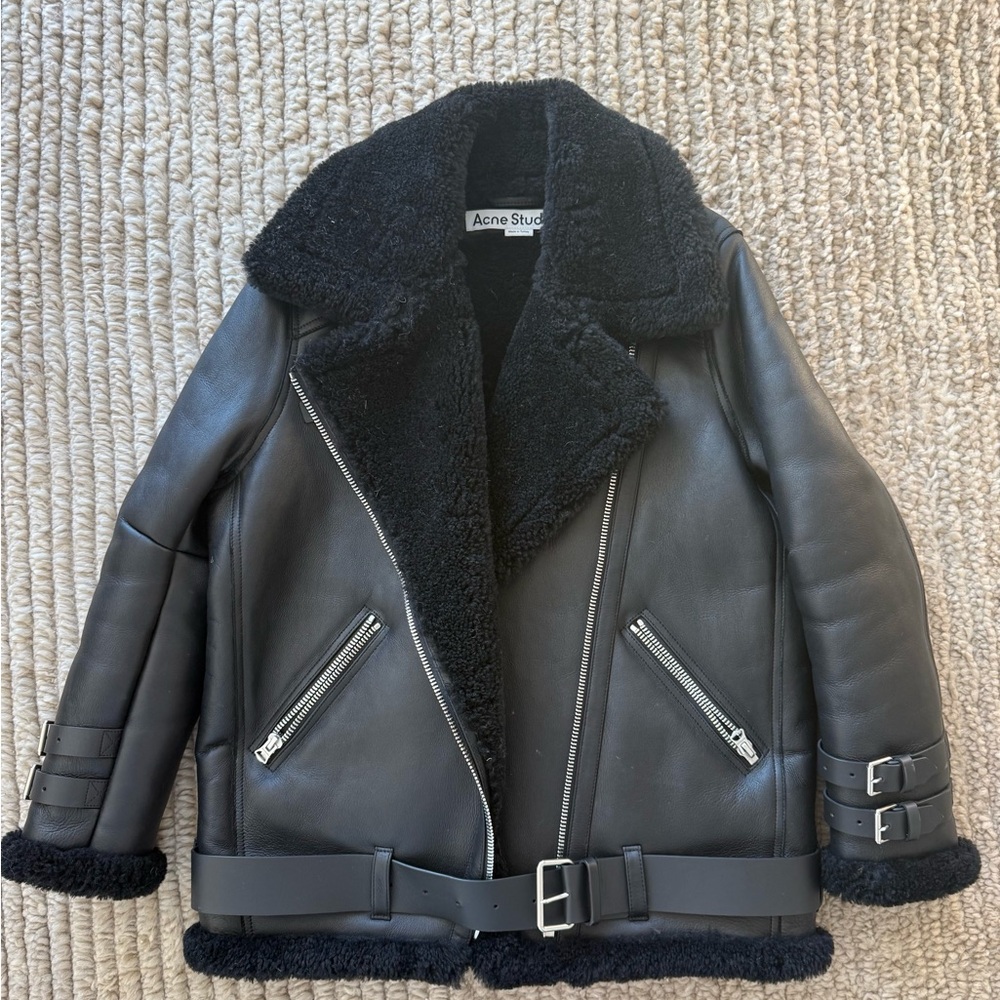 Acne Black Velocite Leather Jacket with Shearling Trim
